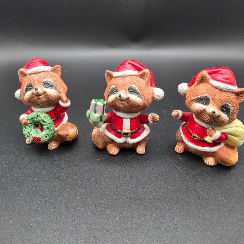 Vintage HOMCO #5611 Christmas Santa Raccoon Porcelain Figurines Set of 3